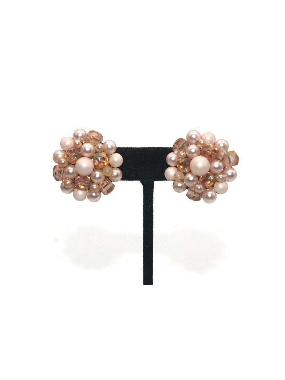 Vintage Silver Tone with Pink and Silver Beads Cluster Clip on Earrings.